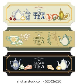 Black tea, fruit tea and green banner. Set of vector design elements for packages. 