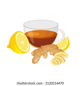 Black tea in glass cup with ginger and lemon. Fresh ginger root. Healty eating. Vegan illustration in trendy flat style isolated on white background.