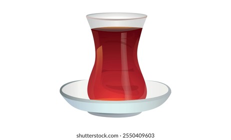 Black tea in glass tea cup vetor illustration. tea in a classic turkish glass. Turkish authentic traditional black tea in the glass	