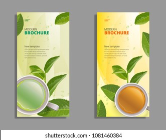 Black Tea And Green Tea Cup Brochure, Banner, Poster, Vector Illustration.