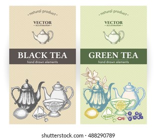 Black tea and green tea labels package design illustration 