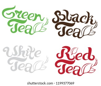 black tea, green tea, white tea, red tea beautiful lettering writing for postcards, banner posters, Souvenirs, packaging, textiles and other things. vector illustration on white background. Isolated i