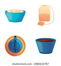 Black tea icons set cartoon vector. Tea bag kettle and plate with sugar. Hot drink