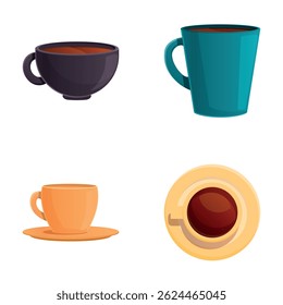 Black tea icons set cartoon vector. Various cup with tea. Teatime, breakfast