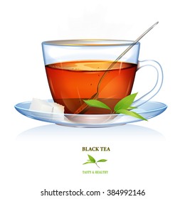Black Tea illustration with leaves, spoon and two peaces of sugar. Glass cup.