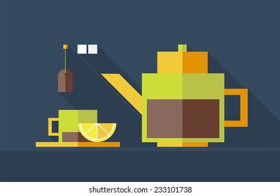 Black tea. Kettle and cup. Flat design. Vector illustration.