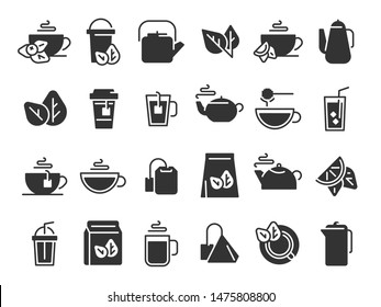 Black tea leaves icons. Hot drink cup, cold iced tea and teapot with steam pictogram. Organic herbal or mint teas logotype, eco leaf tea sign and teapot. Isolated icon vector set