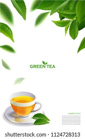 black tea leaves manu and postcard vector nature background, natural cosmetics and health care products, green tea cup brochure, banner, poster, vector illustration.