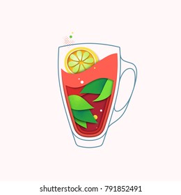 Black tea with lemon creative illustration, hot herbal drink concept. Isolated cup with leaves. Layout cartoon in cut out paper style.  