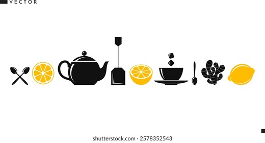 Black tea with lemon and ginger vector. Isolated teapot spoon tea cup sugar ginger and tea leaves. Hot drink icon 