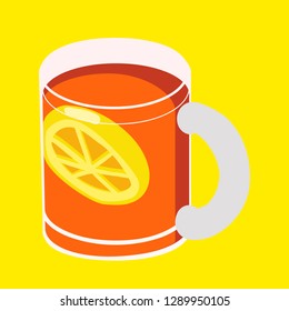 Black tea with lemon in a mug on yellow background vector isolated