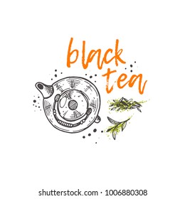 Black tea. Logo, icon and label for your design. Hand drawn doodle vector illustration. Can be used for menu, cafe, restaurant, bar, tea shop, emblem, sticker, badge.