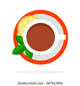 Black Tea with mint and lemon top view vector flat material design object. Isolated illustration on white background.