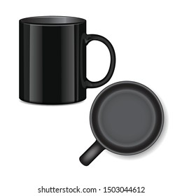 Black tea mug. Side view and top view. Realistic vector Mock up Template for your design