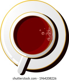 A black tea on white ceramic cup set. Cartoon vector illustration. Isolated. Red drink.