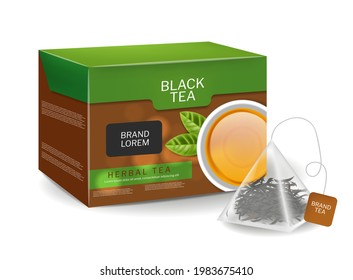 Black tea pack in triangle bags infusion. Organic herbs vector realistic drink. 3d detailed illustrations