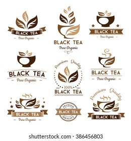 Black tea package decorations. Emblems and labels collection. Vector isolated design elements.