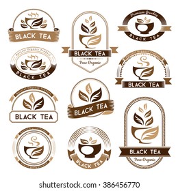 Black tea package decorations. Labels, badges and stickers collection. Vector isolated design elements.
