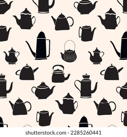 Black tea pattern. Vector illustration with varied  teapots. Endless texture can be used for package design, menu, printing onto fabric and paper or scrap booking.