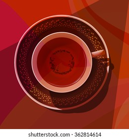 Black tea in a porcelain cup on a brown saucer with ornaments. View from above. Vector. Red background.