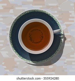 Black tea in a porcelain dish on a blue saucer with gold ornaments. View from above. Seamless background wood or marble. Vector.