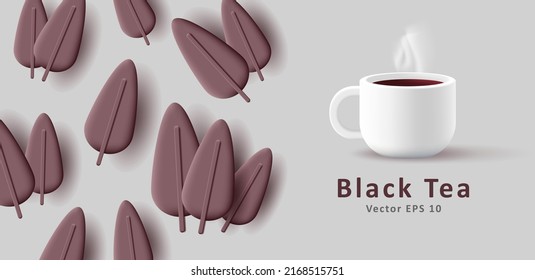 Black Tea poster with 3d tea leaves and cup. Vector illustration