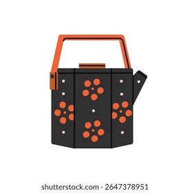 Pote de chá preto com padrão de flores abstratas. Bule de chá de metal para ferver água para café ou bebida à base de plantas. Chaleira para preparar, beber bebidas quentes. Ilustração de vetor isolado plano sobre fundo branco