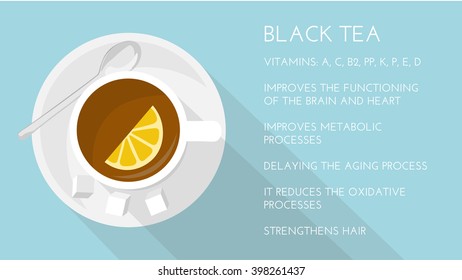 Black tea: properties and health benefits. Cup of black tea, top view