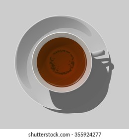 Black tea in a realistic white cup with saucer over white background. View from above. Vector.