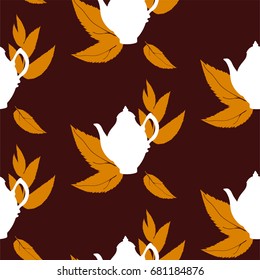 Black tea seamless pattern with leaves and teapot.