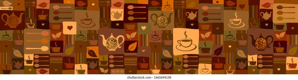 Black tea. Seamless pattern with tea pots and tea cups. Horizontal banner. Vector Illustration