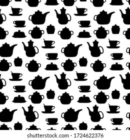Black tea set isolated on a white background. Seamless pattern. Side view. Hand drawn vector graphic illustration. Texture.