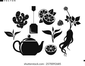 Black tea silhouette. Isolated teapot ginger lemon ginseng and tea leaves. Hot drink vector