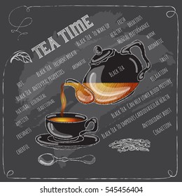 Black Tea Time card with cup, teapot, spoon and dry leaves.   Freehand drawing with imitation of chalk sketch. Hot beverage. White lines on dark background.