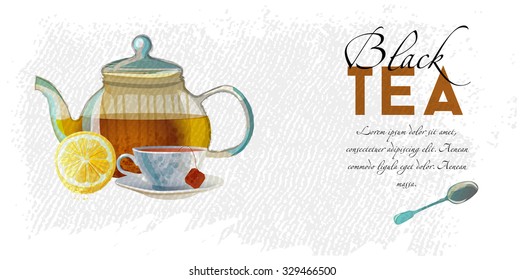 Black tea. Watercolor vector background of Tea