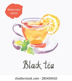 Black tea, watercolor, vector, hand drawn