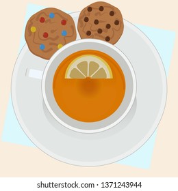 black tea in a white Cup on a white saucer and cookies with chocolate chips