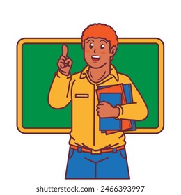 a black teacher was carrying books, and there was a blackboard behind him