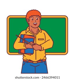 a black teacher was carrying books, and there was a blackboard behind him