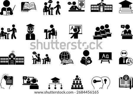 Black Teacher Icon Set. Vector Illustrations: School, Classroom, Books, Teacher, Scientist, Lecturer, Lesson, Online Learning, Study, Mentor, Professor, Homework, University, Chalkboard, and More