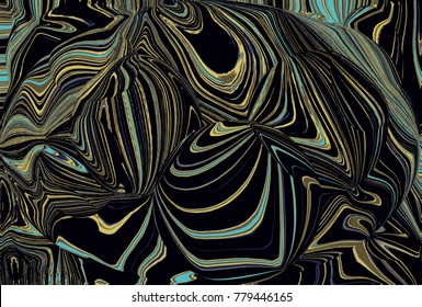 Black teal yellow digital marbling background. Liquid surface backdrop. Dark suminagashi vector for web design or festival invitation. Fluid color pattern. Traditional Turkish ebru technique