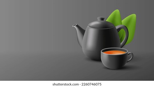 Black teapot and cup of tea with tea leaves on a dark background. Banner for advertising green and black tea. Traditions of Asia. English tea.