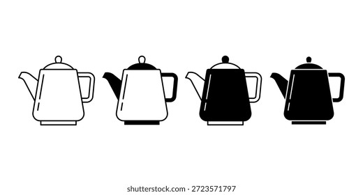 Paquete de icono de tetera negra que simboliza la preparación del té y las tradiciones de servicio. Adecuado para la marca de cafetería, menús de bebidas y diseños temáticos de estilo de vida.