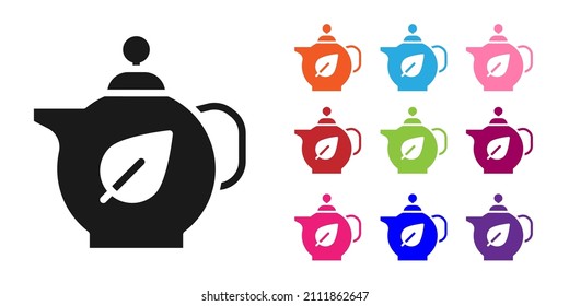 Black Teapot with leaf icon isolated on white background. Set icons colorful. Vector