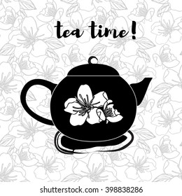 Black teapot on seamless pattern with flowers. Stock vector.