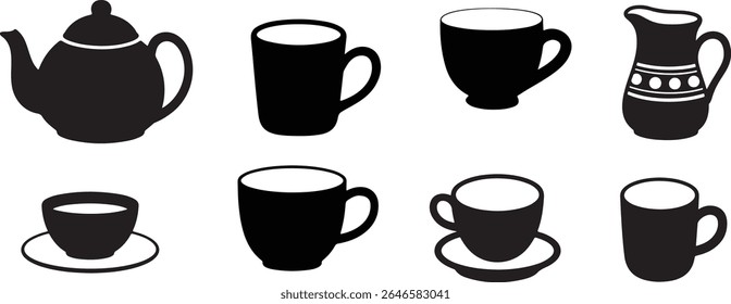 Bule de chá preto e Tableware Ícone Conjunto de xícaras de café, canecas, chaleiras em estilo de vetor de silhueta no fundo branco