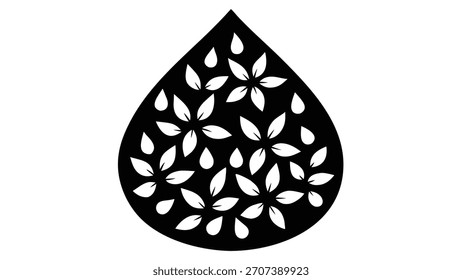 Forma de lágrima negra llena de motivos de pétalos y hojas blancos 