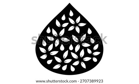 Black Teardrop Shape Filled with White Petal and Leaf Motifs 