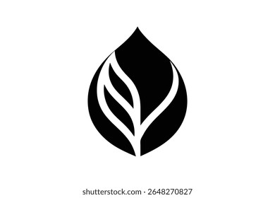 A black teardrop shape with a stylized white leaf pattern inside against a white background. The style is minimalist and graphic.