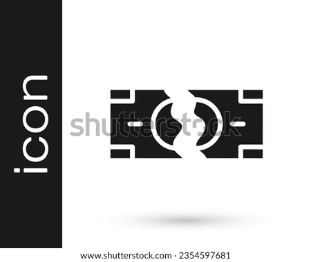 Black Tearing apart money banknote into two peaces icon isolated on white background.  Vector